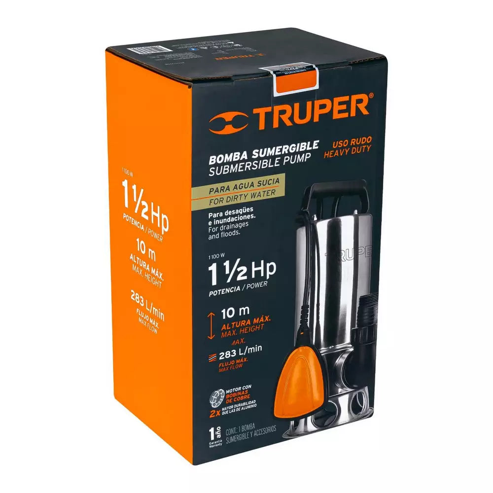 TRUPER BOMBA SUMERGIBLE AGUA SUCIA ACERO 1 1/2 HP 12608