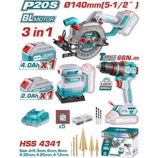 TOTAL COMBO TALADRO INALAMBRICO + LIJADORA + SIERRA CIRCULAR 5-1/2" 20V UTOSLI241193