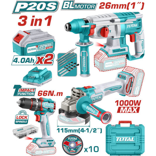 TOTAL COMBO TALADRO INALAMBRICO + ROTOMARTILLO + PULIDORA 20V UTOSLI241198