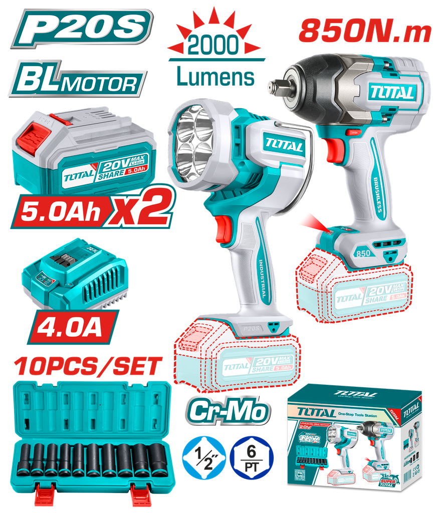 TOTAL COMBO INALAMBRICO 20V PISTOLA IMPACTO + LAMPARA DE TRABAJO + JUEGO DE COPAS + 2 BATERIAS 5.0AH Y CARGADOR UTOSLI241181