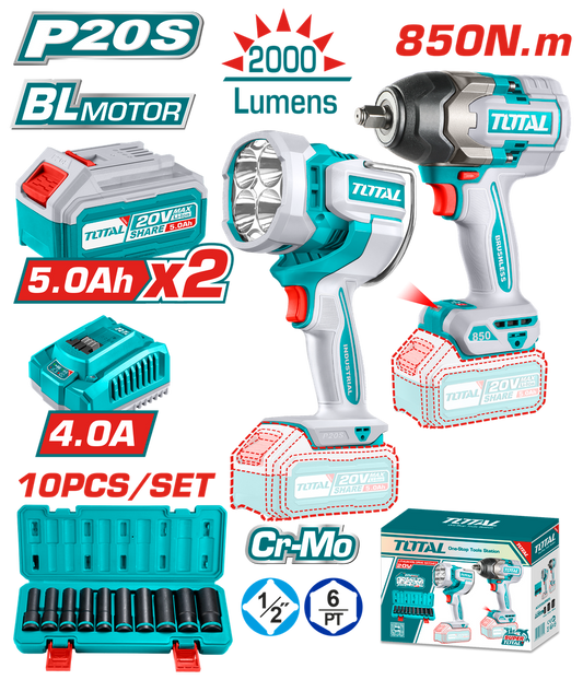 TOTAL COMBO INALAMBRICO 20V PISTOLA IMPACTO + LAMPARA DE TRABAJO + JUEGO DE COPAS + 2 BATERIAS 5.0AH Y CARGADOR UTOSLI241181