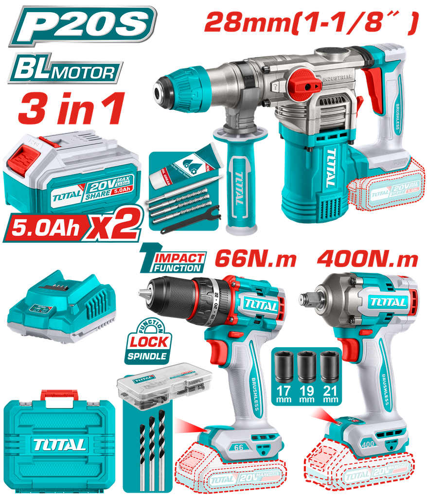 TOTAL COMBO INALAMBRICO 20V TALADRO ATORNILLADOR + PISTOLA DE IMPACTO + ROTOMARTILLO + 2 BATERIAS 5.0AH + 1 CARGADOR Y ACCESORIOS UTCKLI20638