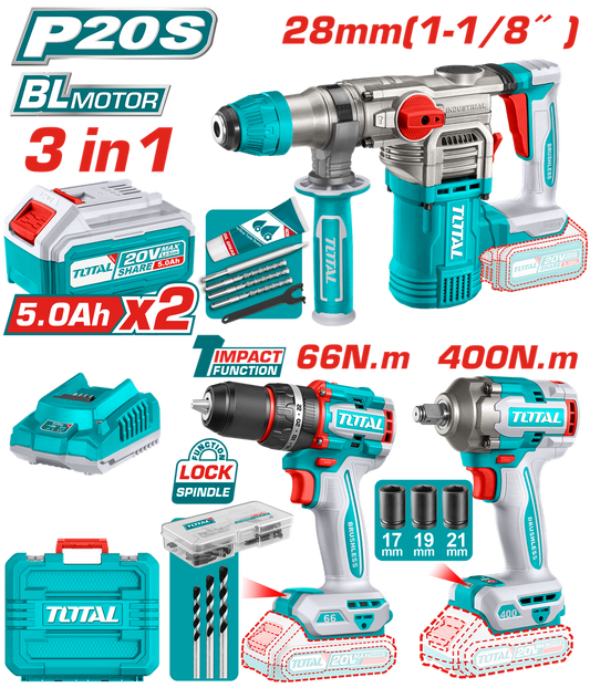 TOTAL COMBO INALAMBRICO 20V TALADRO ATORNILLADOR + PISTOLA DE IMPACTO + ROTOMARTILLO + 2 BATERIAS 5.0AH + 1 CARGADOR Y ACCESORIOS UTCKLI20638