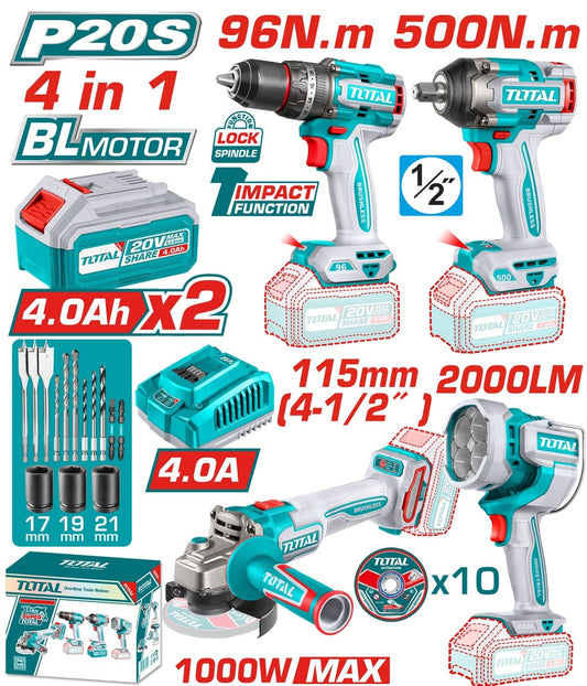 TOTAL COMBO INALAMBRICO 20V TALADRO + PISTOLA DE IMPACTO + PULIDORA + LAMPARA DE TRABAJO + 2 BATERIAS + CARGADOR Y ACCESORIAOS UTOSLI241292