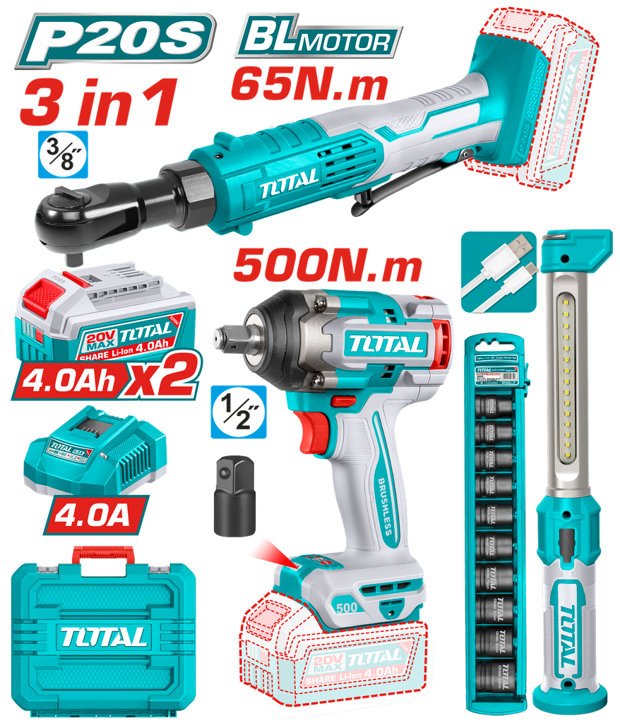 TOTAL COMBO INALAMBRICO 20V LLAVE DE IMPACTO 1/2" 500 N.M + RACHET 65 N.M + LAMPARA 300 LUMENES + 2 BATERIAS 4 AMP + CARGADOR Y ACCESORIOS UTOSLI250981
