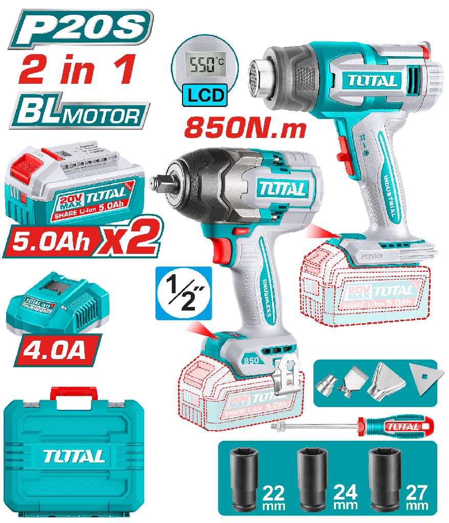 TOTAL COMBO INALAMBRICO 20V LLAVE DE IMPACTO 1/2" 850N.M + COPAS 22-24-27 + PISTOLA DE CALOR INALAMBRICA + 2 BATERIAS 5 AMP UTOSLI250983