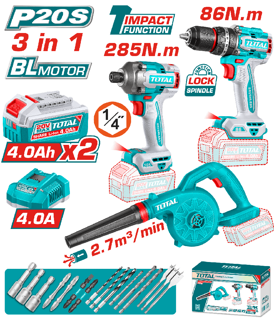 TOTAL COMBO INALAMBRICO 20V TALADRO PERCUTOR 1/2" 86N.M + ATORNILLADOR DE IMPACTO 1/4" + SOPLADOR + 2 BATERIAS 2 AMP UTOSLI250883