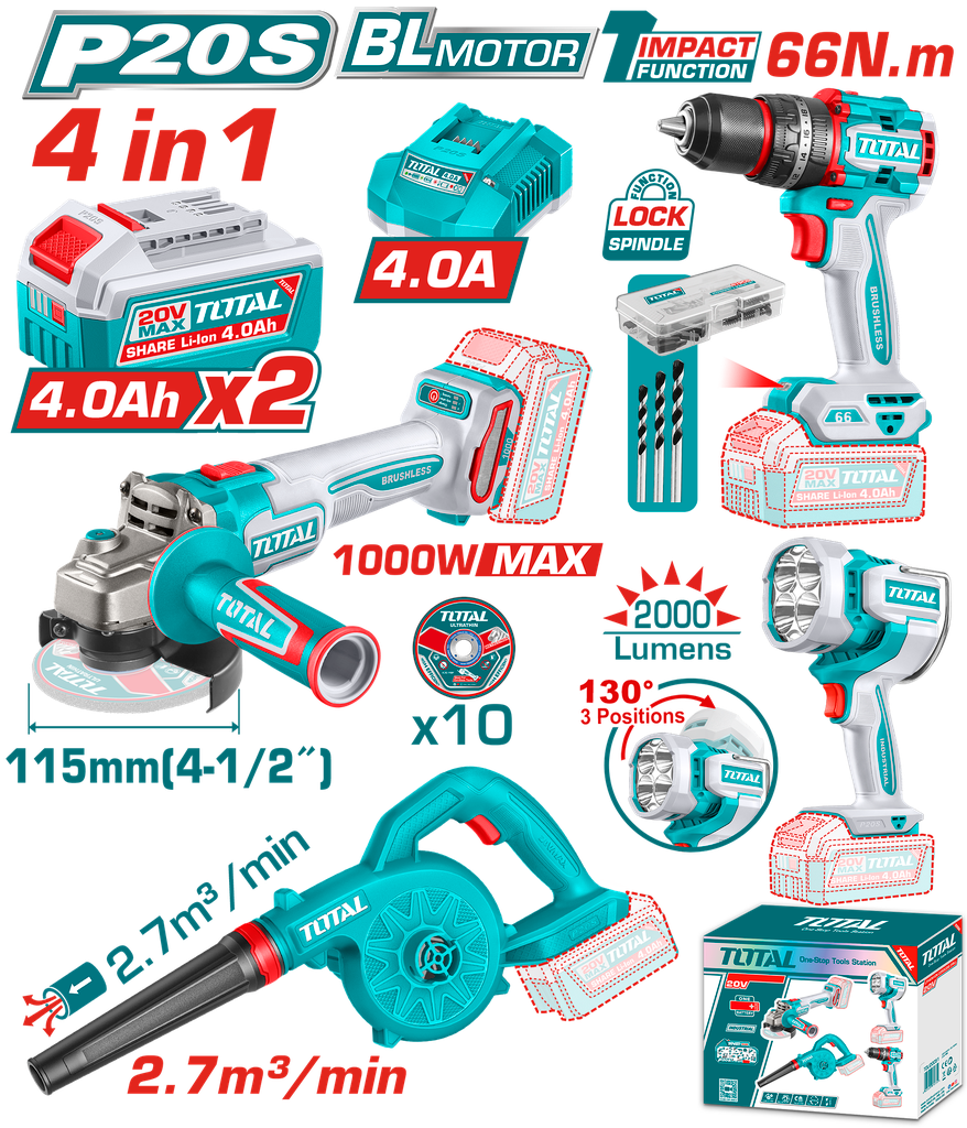 TOTAL COMBO INALAMBRICO 20V TALADRO PERCUTOR 1/2" 66N.M + SOPLADORA + PULIDORA 4 1/2" 1000W + LINTERNA 2000 LUMENES + 2 BATERIAS 4 AMP UTOSLI250993