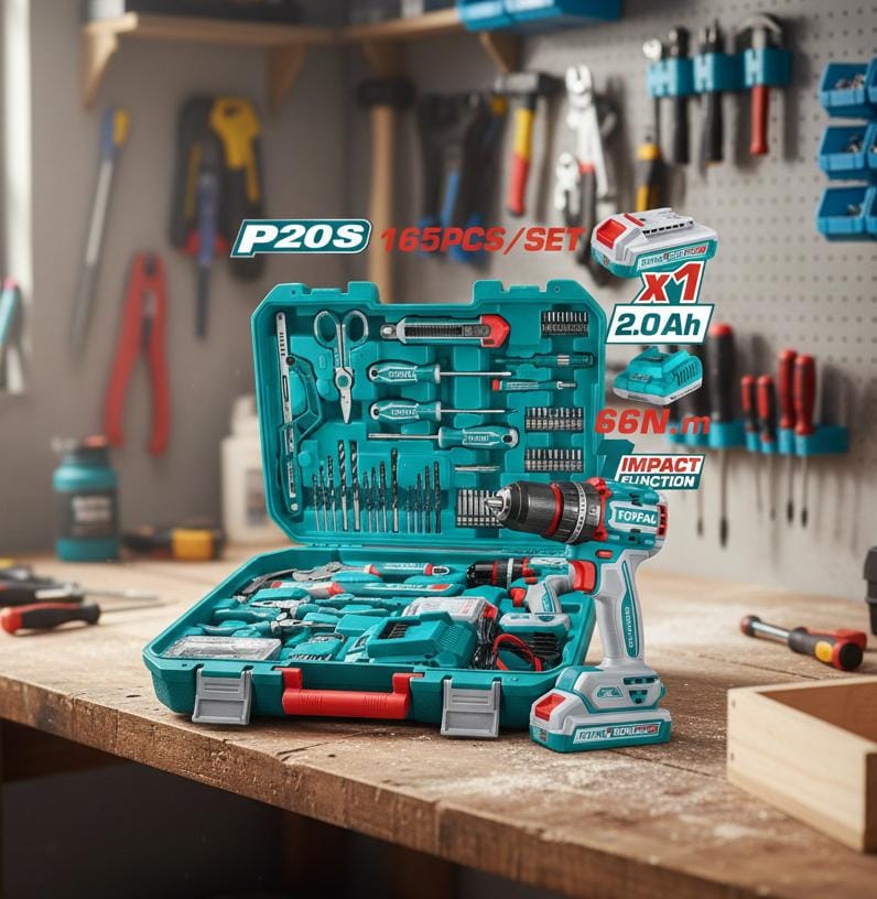 TOTAL TALADRO INALAMBRICO 20V + JUEGO DE HERRAMIENTAS 165 PZS UTHKTHP11652