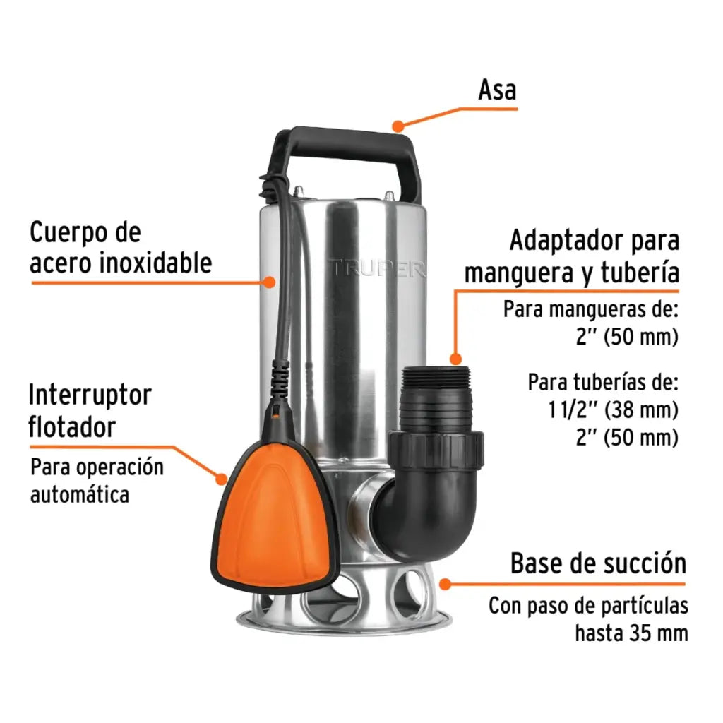 TRUPER BOMBA SUMERGIBLE AGUA SUCIA ACERO 1 1/2 HP 12608