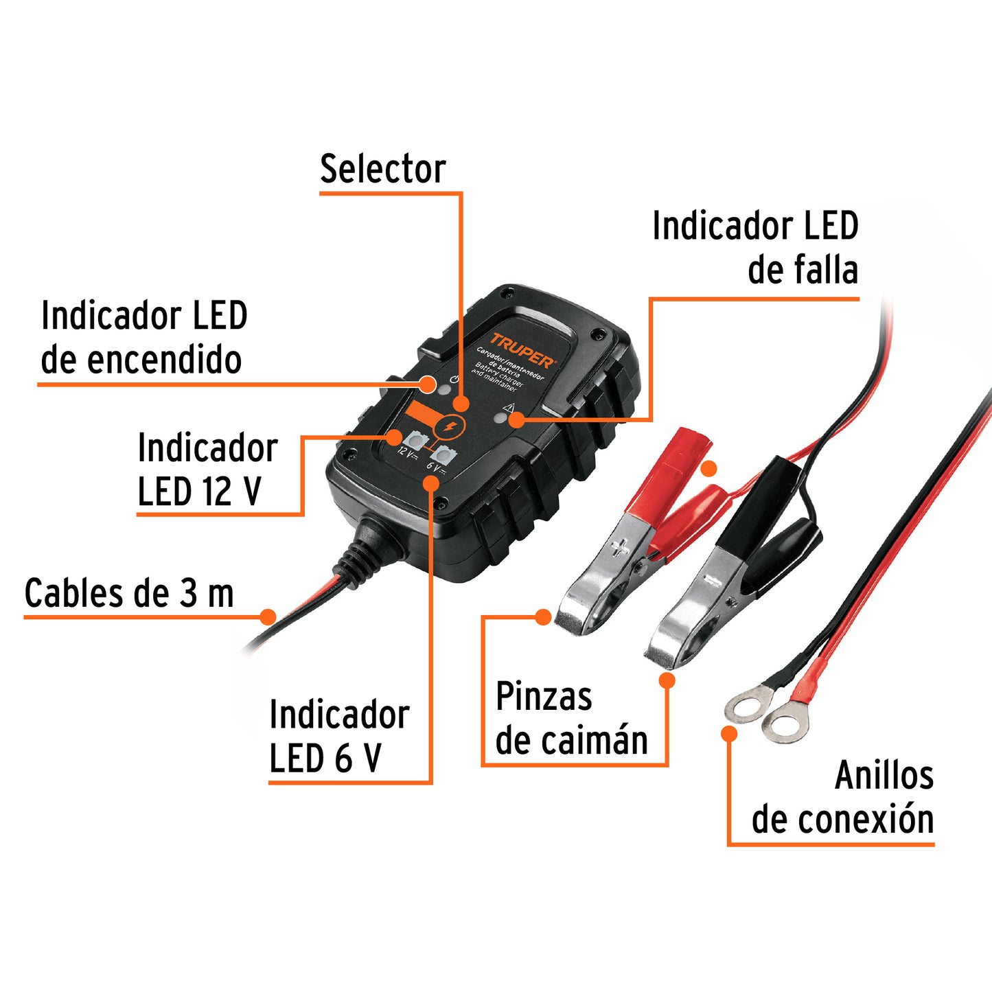 Cargador / mantenedor de 1 A para baterías de 6/12V, TRUPER 101610