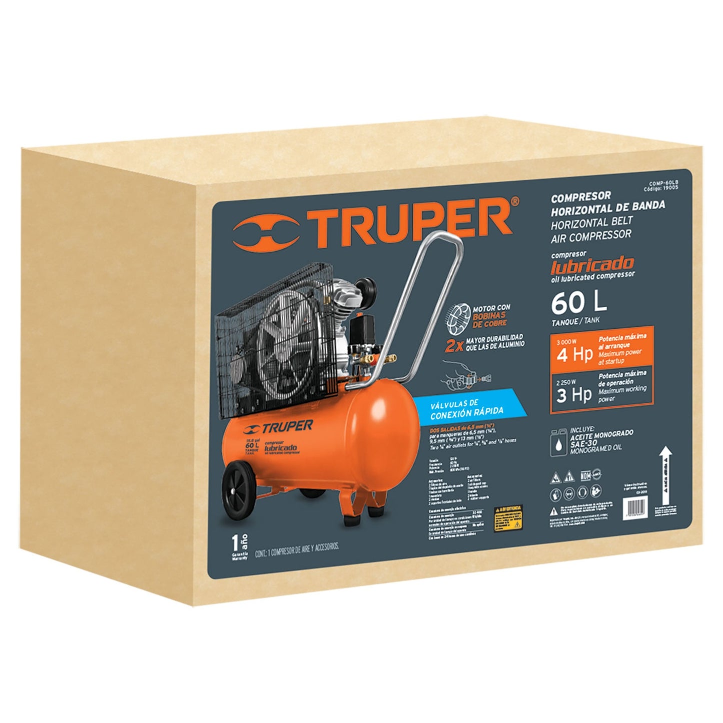 TRUPER COMPRESOR DE BANDA HORIZONTAL 60L 4HP 127V 19005