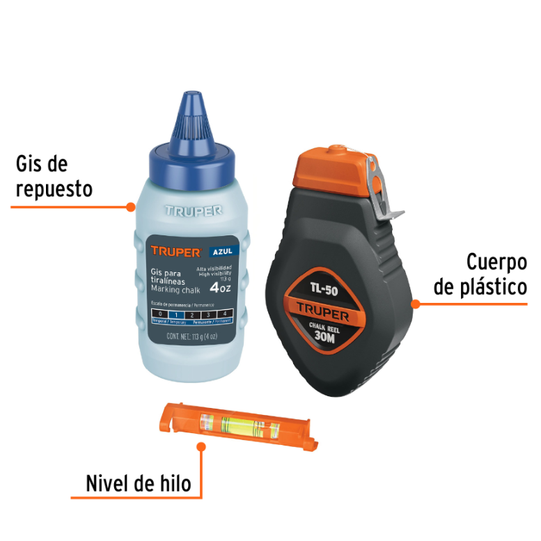 TRUPER TIRALINEAS CON NIVEL 30M TL-50