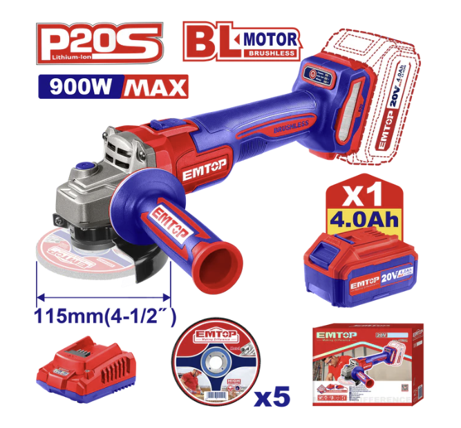 EMTOP PULIDORA ANGULAR INALAMBRICA 900W 20V ULAG261521