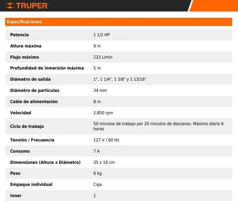 TRUPER BOMBA SUMERGIBLE AGUA SUCIA PLASTICA 1 1/2 HP 12604
