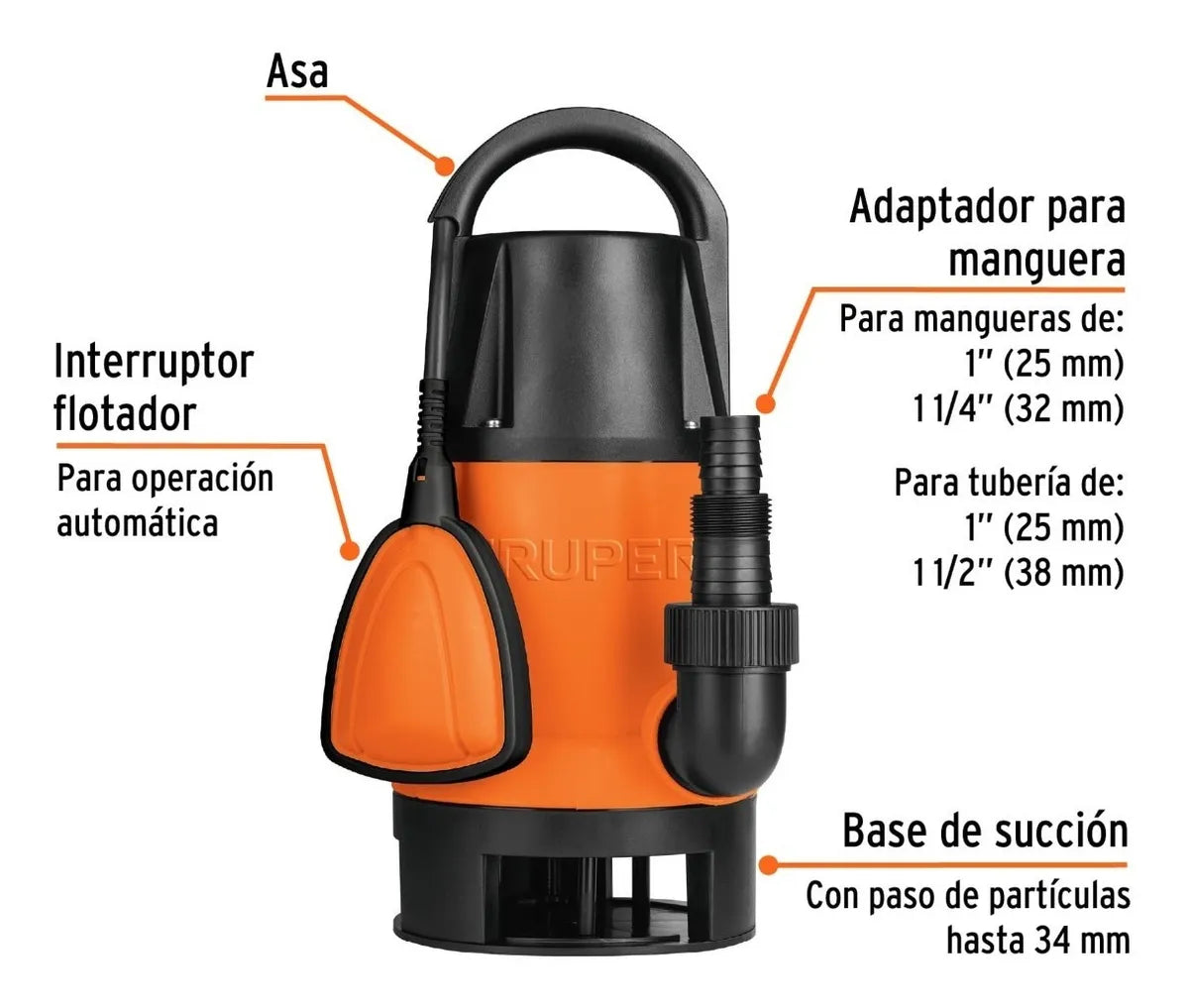 TRUPER BOMBA SUMERGIBLE AGUA SUCIA PLASTICA 1 1/2 HP 12604