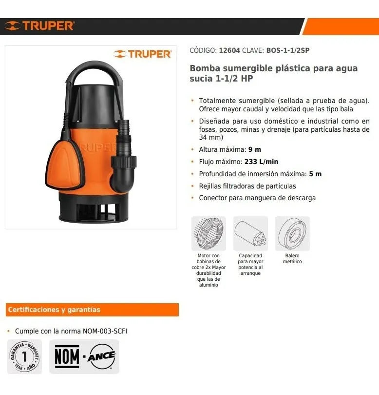 TRUPER BOMBA SUMERGIBLE AGUA SUCIA PLASTICA 1 1/2 HP 12604