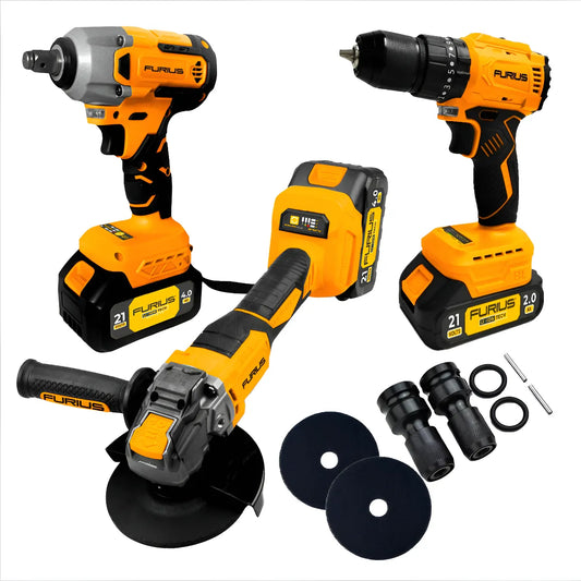 FURIUS COMBO INALAMBRICO 21V TALADRO PERCUTOR + PULIDORA + PISTOLA DE IMPACTO FB213KIT