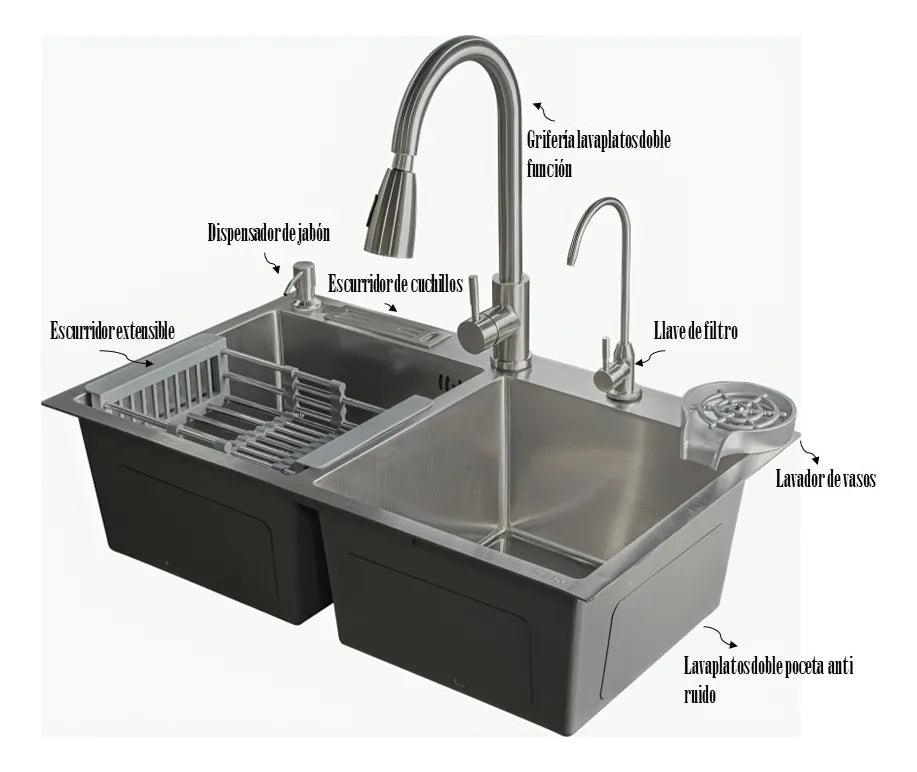 I.O LAVAPLATOS DOBLE EN ACERO INOX