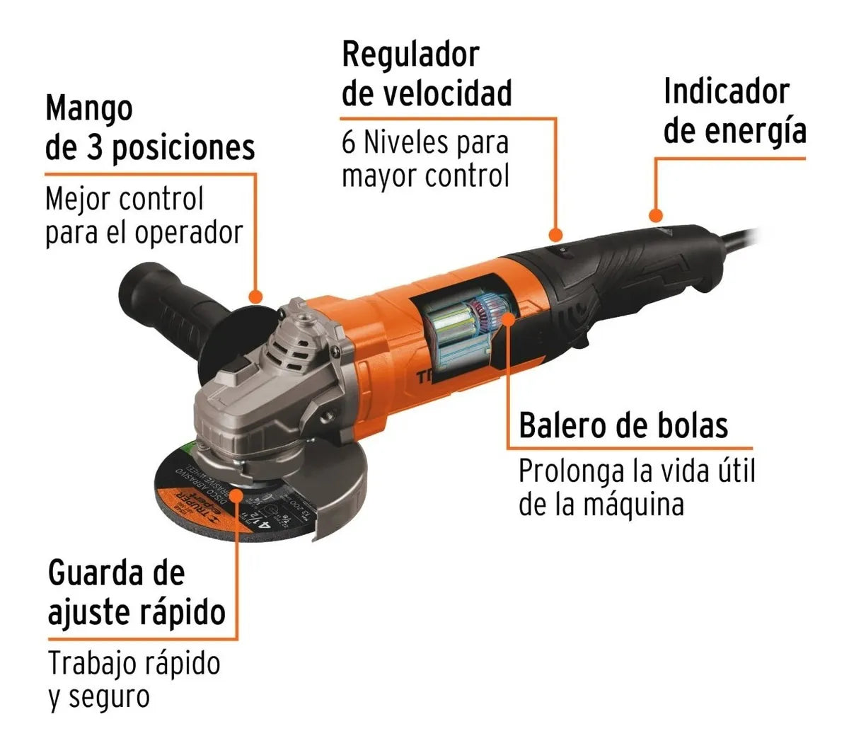 TRUPER PULIDORA ESMERILADORA ANGULAR DE VELOCIDAD VARIABLE 4-1/2" 1100W - 100902
