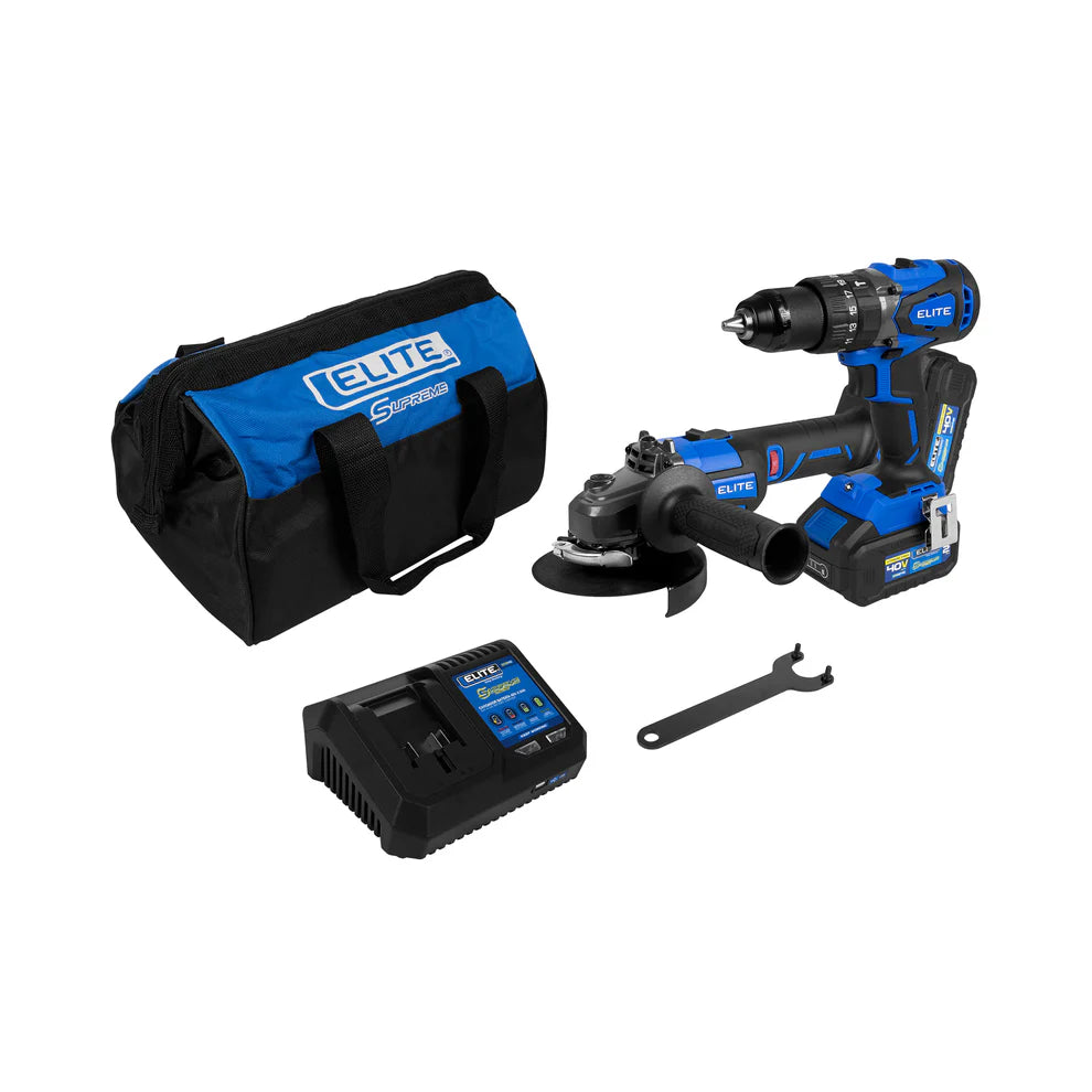 ELITE KIT ESMERILADORA INALAMBRICA SIN ESCOBILLAS DE 4-1/2" - 5" + TALADRO PERCUTOR INALAMBRICO SIN ESCOBILLAS DE 1/2" 40V KIT1SB40