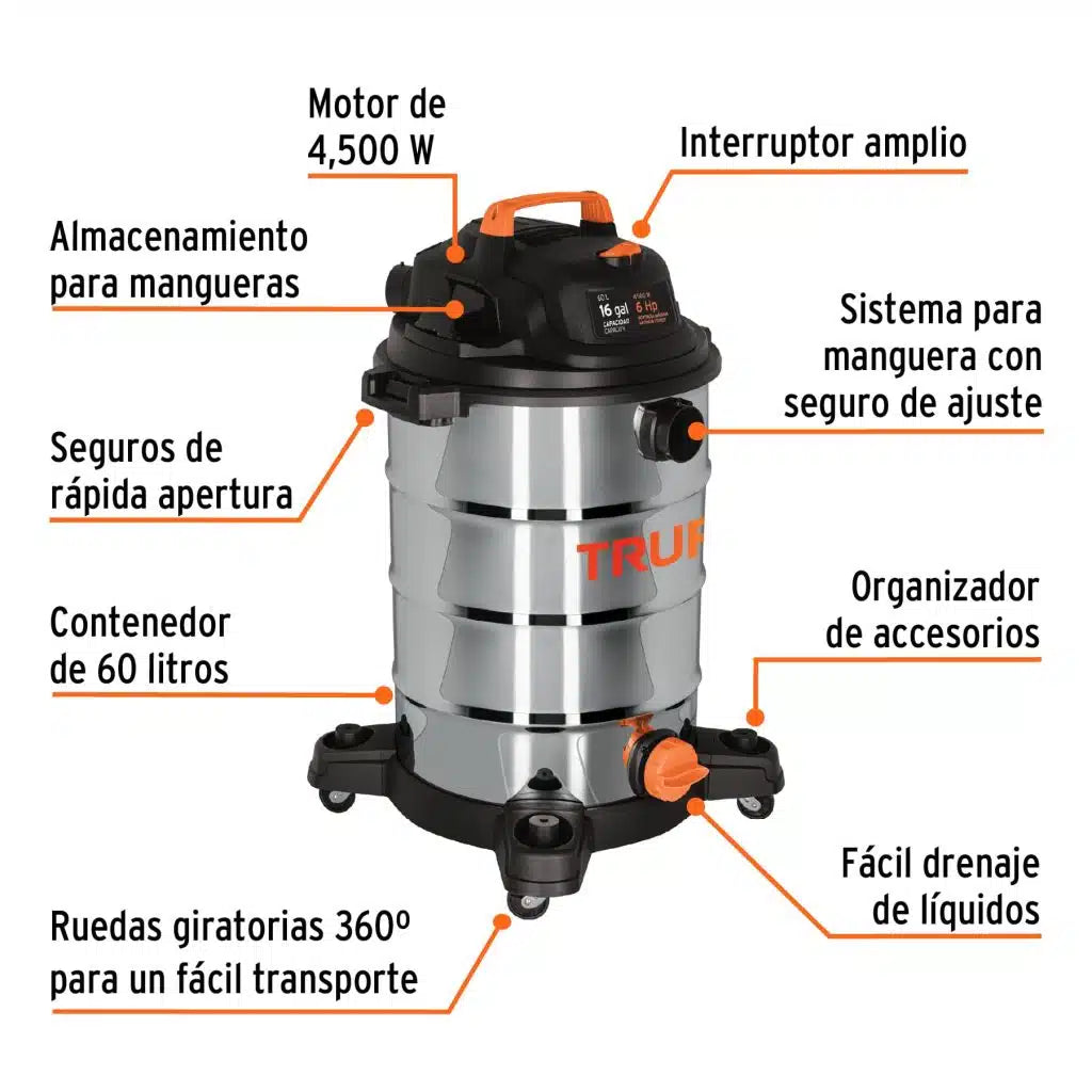 TRUPER ASPIRADORA INDUSTRIAL 16 GALONES 6 HP ASP-16X 101525