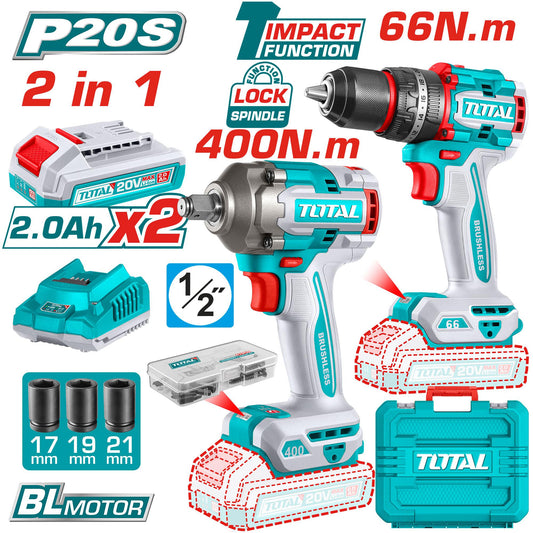 TOTAL COMBO TALADRO PERCUTOR 1/2" 20V 66 N.M Y LLAVE DE IMPACTO 20V 400 N.M UTCKLI20275