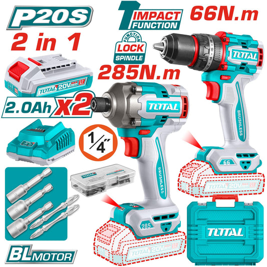 TOTAL COMBO TALADRO PERCUTOR 1/2" 20V 66 N.M Y ATORNILLADOR DE IMPACTO 20V 285 N.M UTCKLI20277