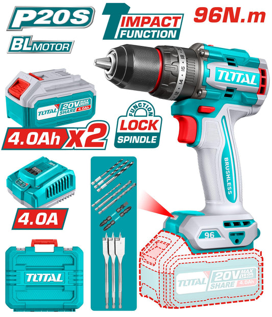 TOTAL TALADRO PERCUTOR INALAMBRICO 1/2" 20V 96 N.M UTIDLI20968