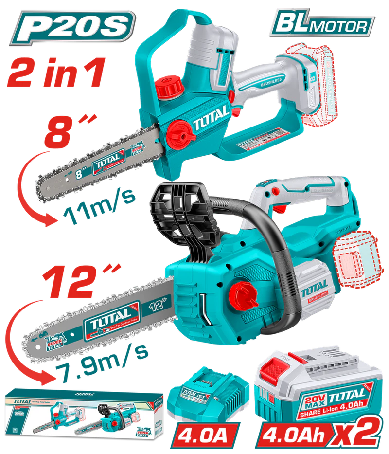 TOTAL COMBO INALAMBRICO 20V SIERRA MINI 8" + MOTOSIERRA 12" + 2 BATERIAS 4.0AH + CARGADOR INDUSTRIAL UTOSLI251085