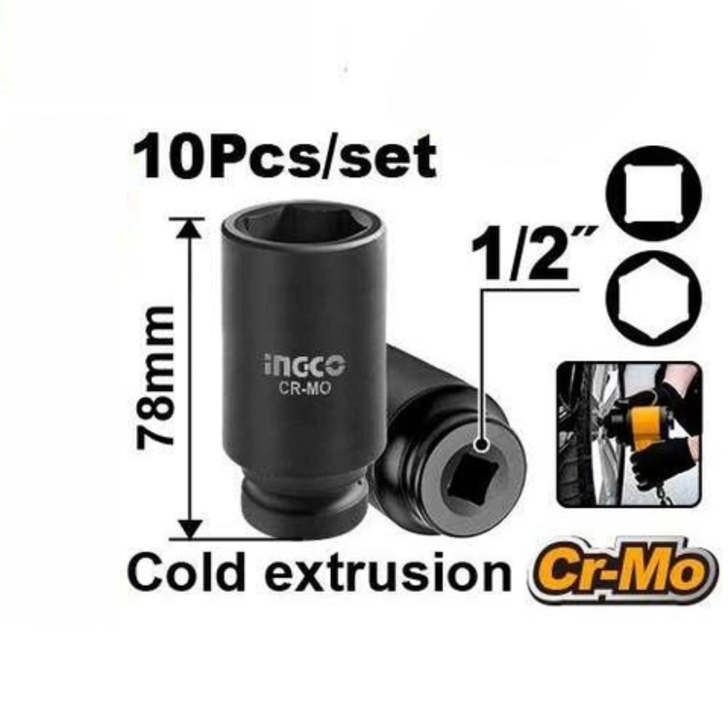 INGCO JUEGO COPAS DE IMPACTO LARGAS 1/2" 10 PCS HKISSD12102L