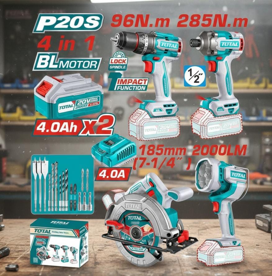 TOTAL COMBO INALAMBRICO 20V TALADRO PERCUTOR 96NM + ATORNILLADOR DE IMPACTO 1/2'' 285NM + CIERRA CIRCULAR 7-1/4'' + LAMPARA DE TRABAJO 2000LM + ACCESORIOS UTOSLI241297
