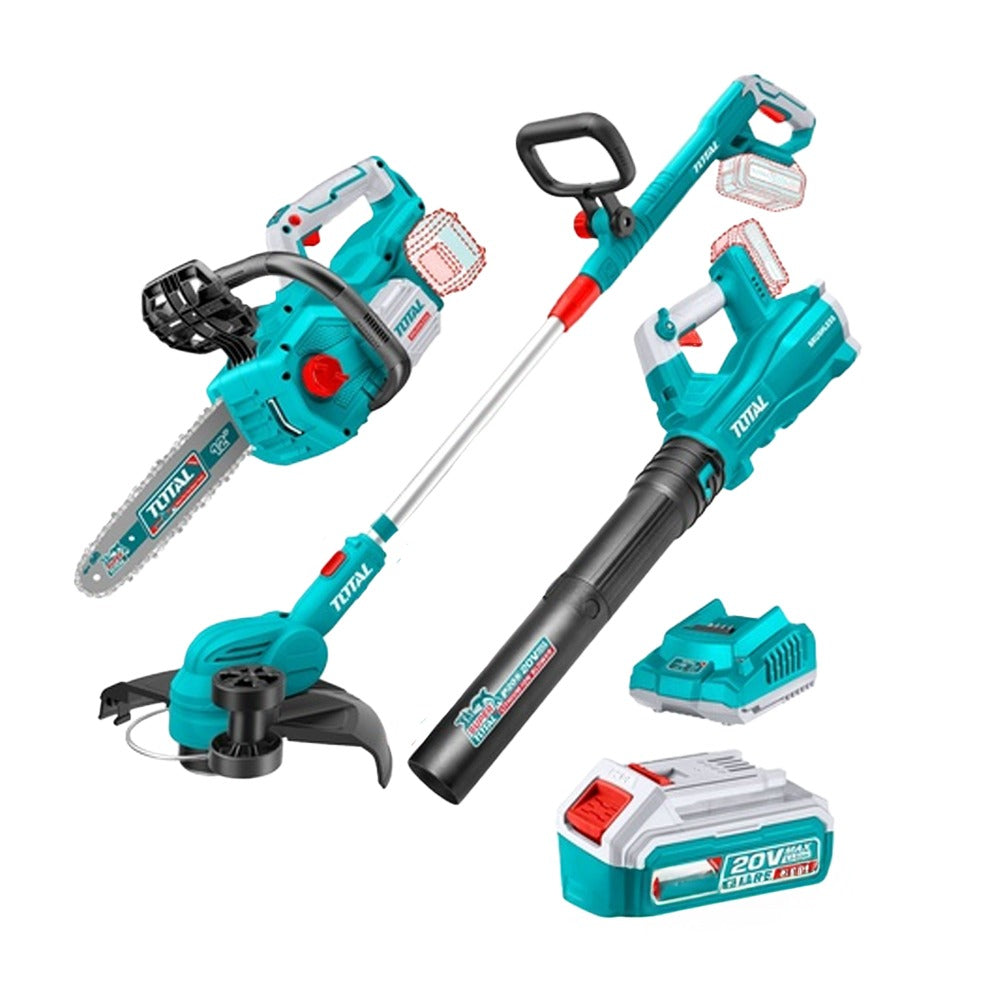 TOTAL COMBO INALAMBRICO 20V MOTOSIERRA 12" + GUADAÑADORA + SOPLADORA + 2 BATERIA 4.0AH Y CARGADOR INDUSTRIAL SUPER TOTAL UTOSLI241189