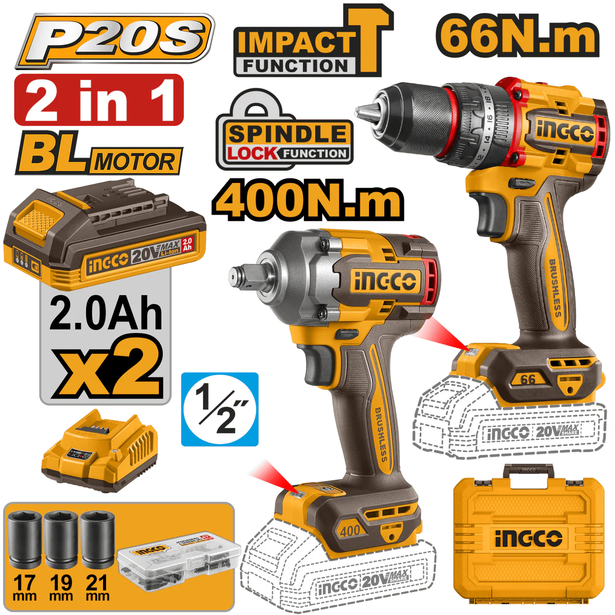 INGCO COMBO DE HERRAMIENTAS INALAMBRICAS DE 2 PIEZAS UCKLI20275