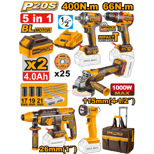 INGCO COMBO DE HERRAMIENTAS INDUSTRIALES INALAMBRICAS DE 5 PIEZAS UCKLI2059