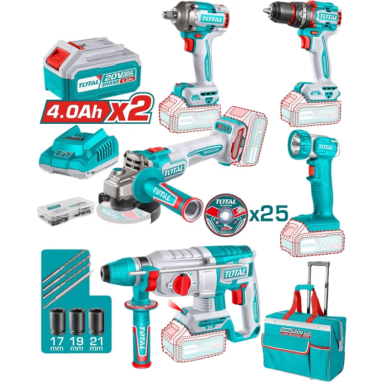 TOTAL COMBO INALAMBRICO 20V, TALADRO PERCUTOR ATORNILLADOR 1/2 66 NM + PISTOLA DE IMPACTO 1/2 20V 400NM + TALADRO ROTOMARTILLO 1" 2.5 JULES + PULIDORA 4 1/2 + LAMPARA TRABAJO 270LM 2 BATERIAS 4.0AH, CARGADOR Y ACCESORIOS UTCKLI20592