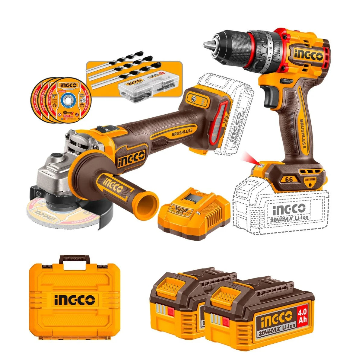 INGCO COMBO DE HERRAMIENTAS 20V TALADRO DE IMPACTO Y PULIDORA UCKLI20256
