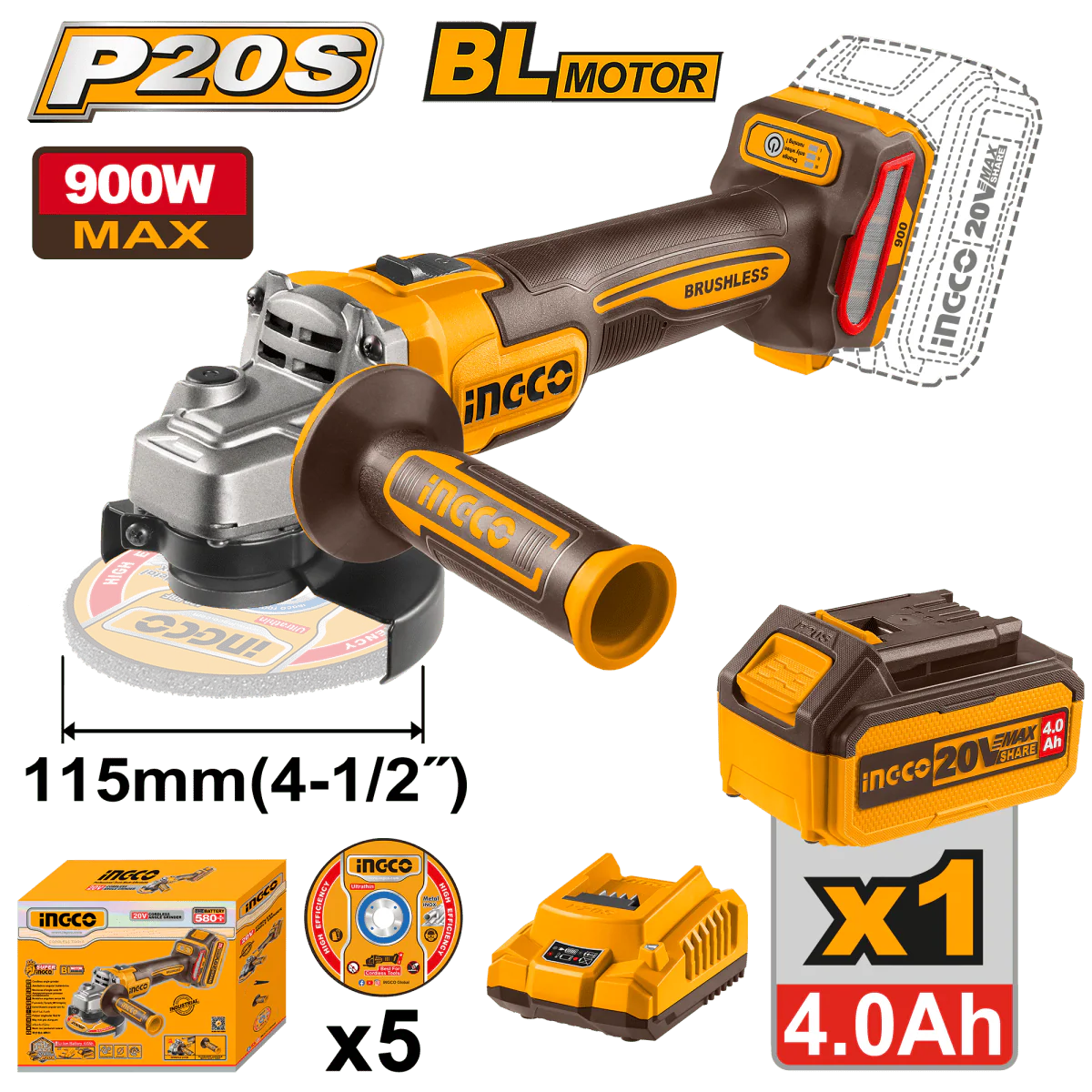 INGCO PULIDORA ANGULAR INALAMBRICA 20V UCAGLI261521