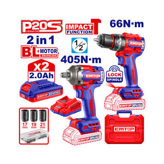 EMTOP COMBO TALADRO PERCUTOR 1/2" 20V 66 N.M + LLAVE DE IMPACTO 1/2" 405 N.M ULCKL20286