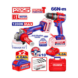 EMTOP COMBO TALADRO PERCUTOR INALAMBRICO 1/2" 20V 66 N.M + PULIDORA INALAMBRICA 4-1/2" 20V 1200W ULCKL20256