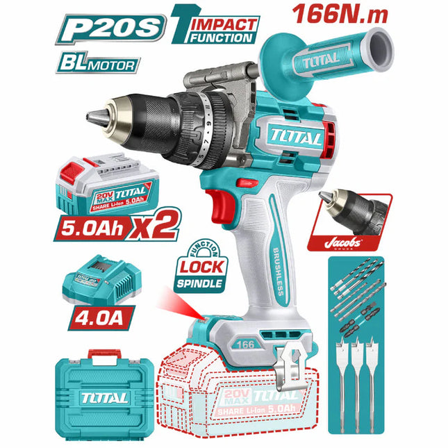 TOTAL TALADRO PERCUTOR INALAMBRICO 1/2" 166 N.M 20V UTIDLI201668