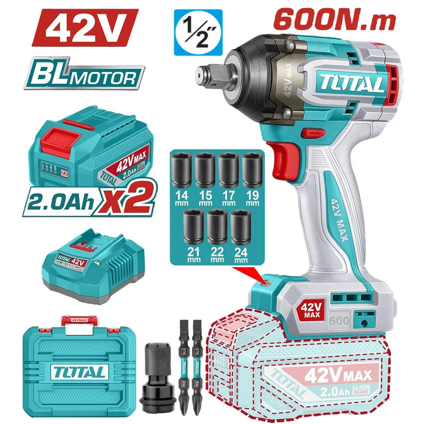 TOTAL LLAVE DE IMPACTO INALAMBRICA 1/2" 42V 600NM, 2 BATERIAS, CARGADOR, COPAS, PUNTA DESTORNILLADOR  Y ADAPTADOR INDUSTRIAL UTIWLI42602