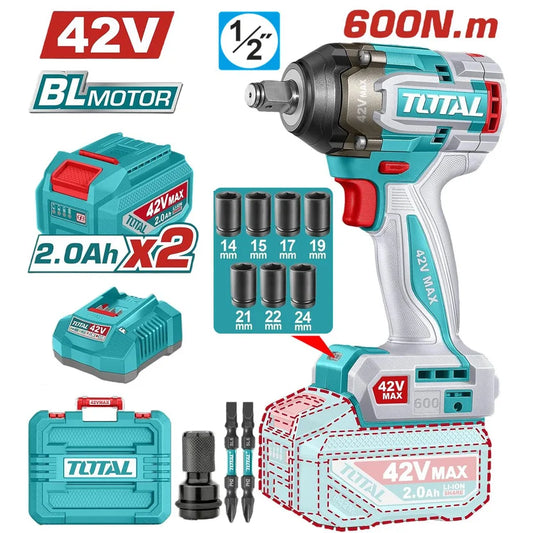 TOTAL LLAVE DE IMPACTO INALAMBRICA 1/2" 42V 600NM, 2 BATERIAS, CARGADOR, COPAS, PUNTA DESTORNILLADOR  Y ADAPTADOR INDUSTRIAL UTIWLI42602
