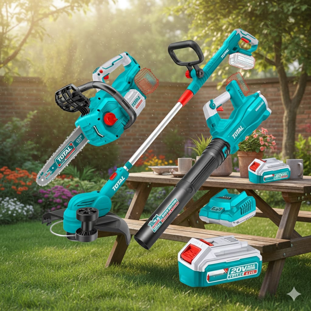 TOTAL COMBO INALAMBRICO 20V MOTOSIERRA 12" + GUADAÑADORA + SOPLADORA + 2 BATERIA 4.0AH Y CARGADOR INDUSTRIAL SUPER TOTAL UTOSLI241189