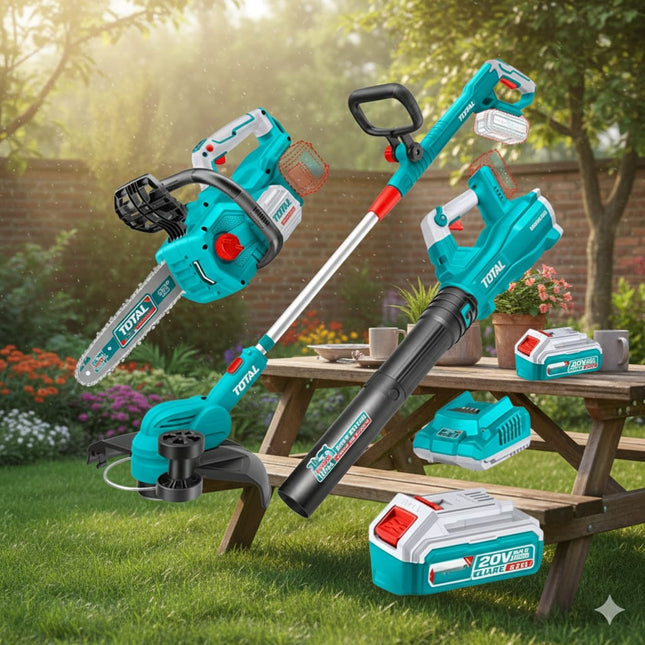 TOTAL COMBO INALAMBRICO 20V MOTOSIERRA 12" + GUADAÑADORA + SOPLADORA + 2 BATERIA 4.0AH Y CARGADOR INDUSTRIAL SUPER TOTAL UTOSLI241189