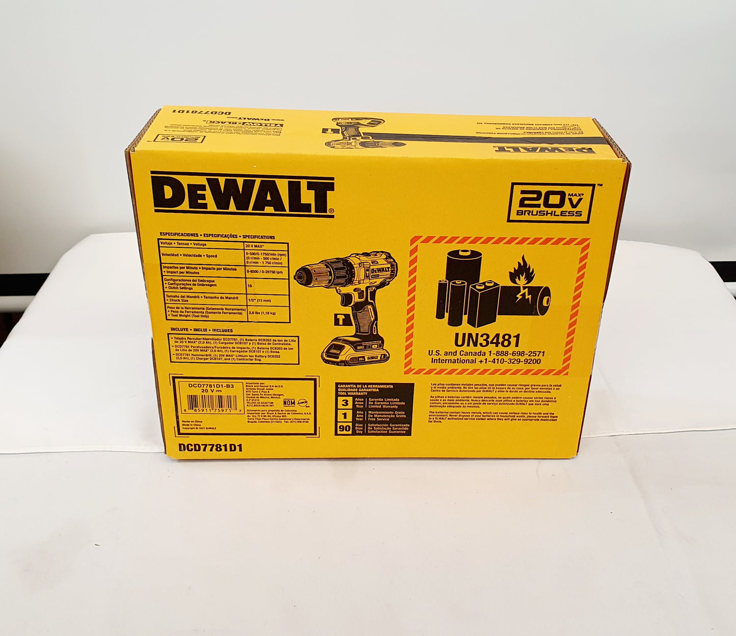 DEWALT TALADRO PERCUTOR INALAMBRICO DE 1/2" 20V BRUSHLESS DCD7781D1-B3