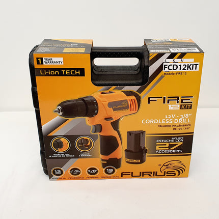 FURIUS KIT TALADRO INALAMBRICO ATORNILLADOR 3/8" 12V FCD12KIT
