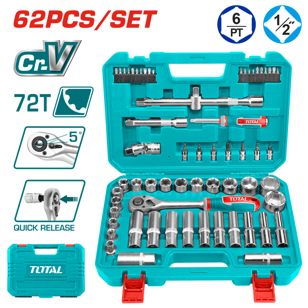 TOTAL JUEGO DE DADOS DE 62 PIEZAS DE 1/2'' THT121602