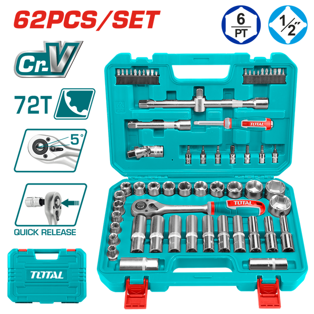 TOTAL JUEGO DE DADOS DE 62 PIEZAS DE 1/2'' THT121602