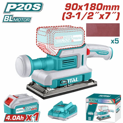 TOTAL LIJADORA DE PALMA INALAMBRICA 3-1/2 X 7" 20V INCLUYE 1 BATERIA 4.0AH , CARGADOR Y 5 LIJAS INDUSTRIAL UTFSLI20311